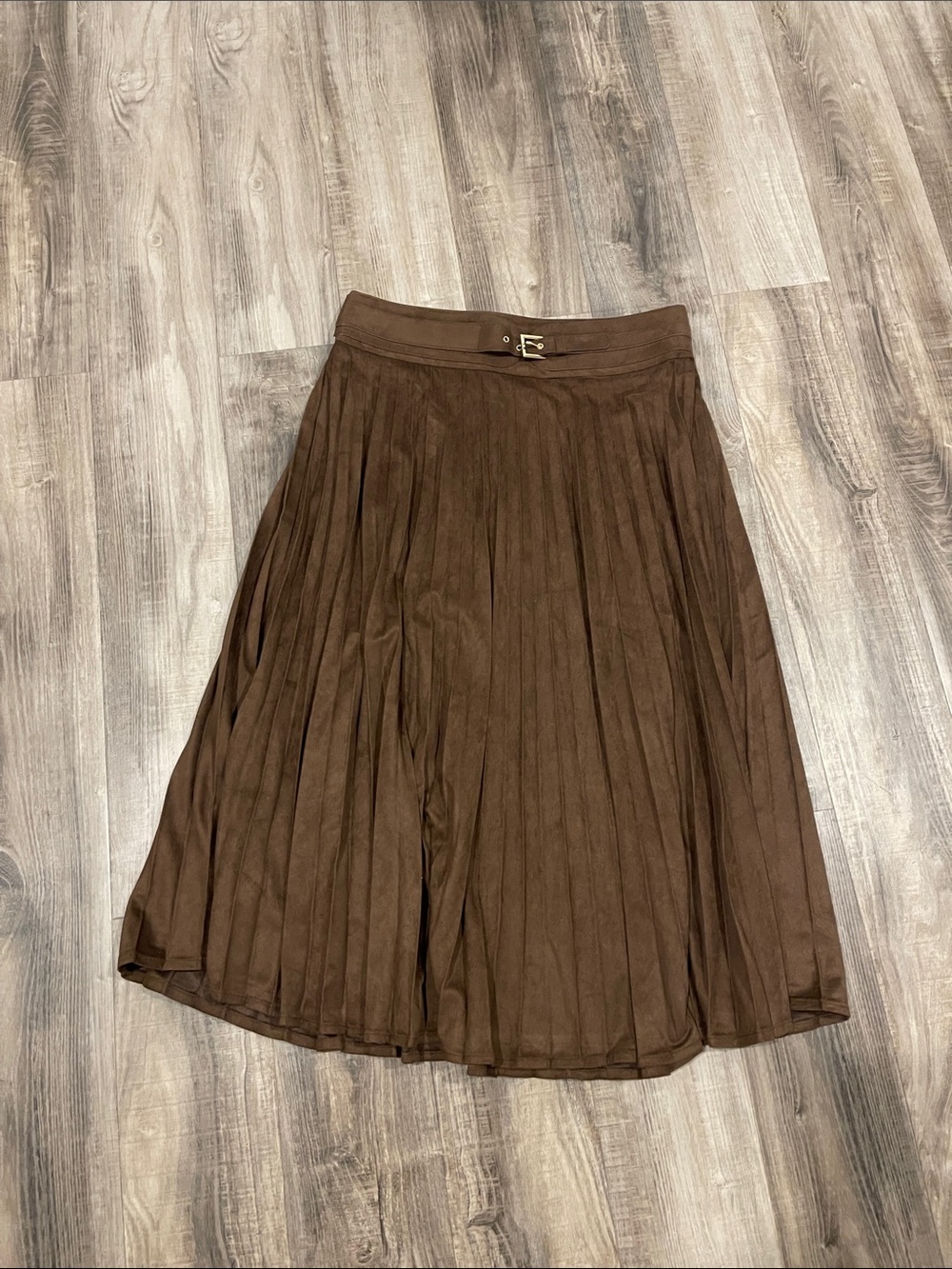 Brown Pleated Midi Skirt with Buckle Waist